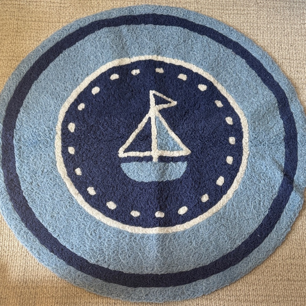 Round Nautical Sailboat Door Mat in Light Blue & Navy